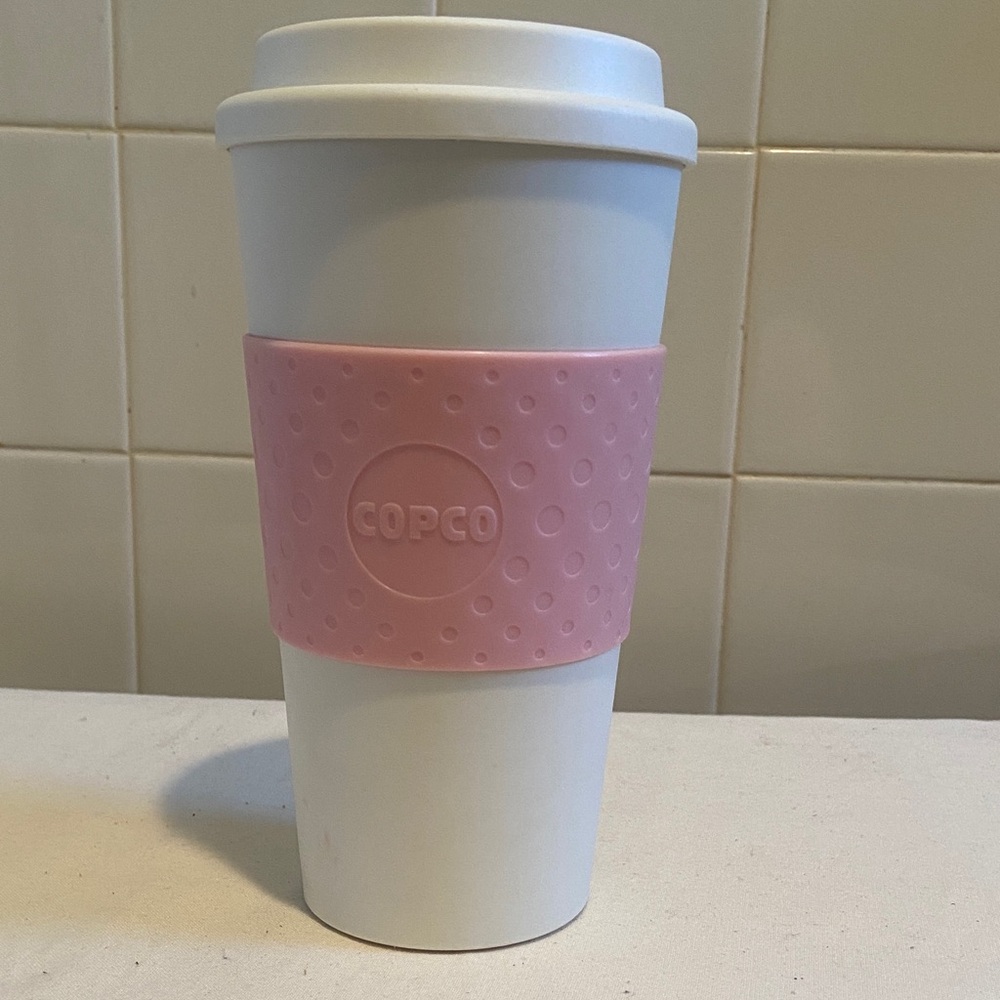 🌺COPCO Reusable Travel Mug with Pink Silicone Sleeve 16oz in excellent condition